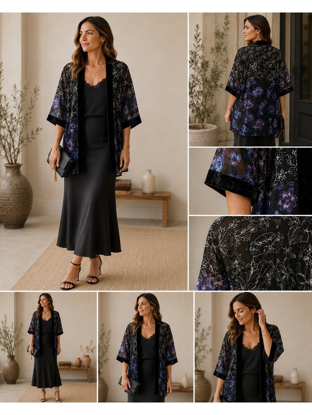 Paparazzi Crushed Velvet Floral Kimono Black Purple Blue One Size NWT